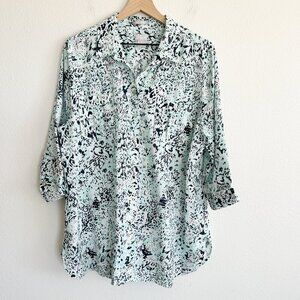 Chico's Shirt Blue Animal Print No Iron 100% Linen Button Down Tunic